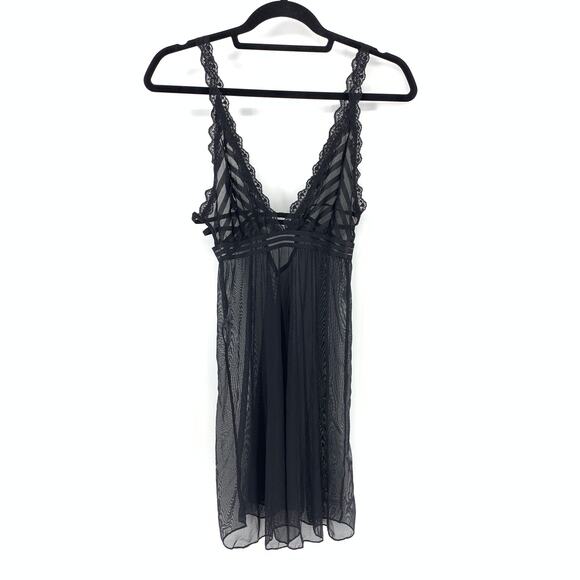 Mapale M Black Baby Doll Lingerie Plunging Neckline Lace Trim Sheer Mesh NEW - Picture 1 of 9